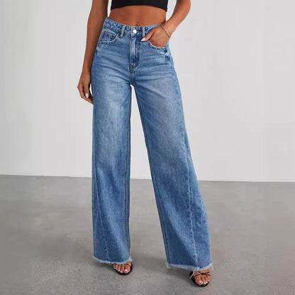 Women’s Loose Wide-leg Frayed Hem Jeans - Infinite Avenue