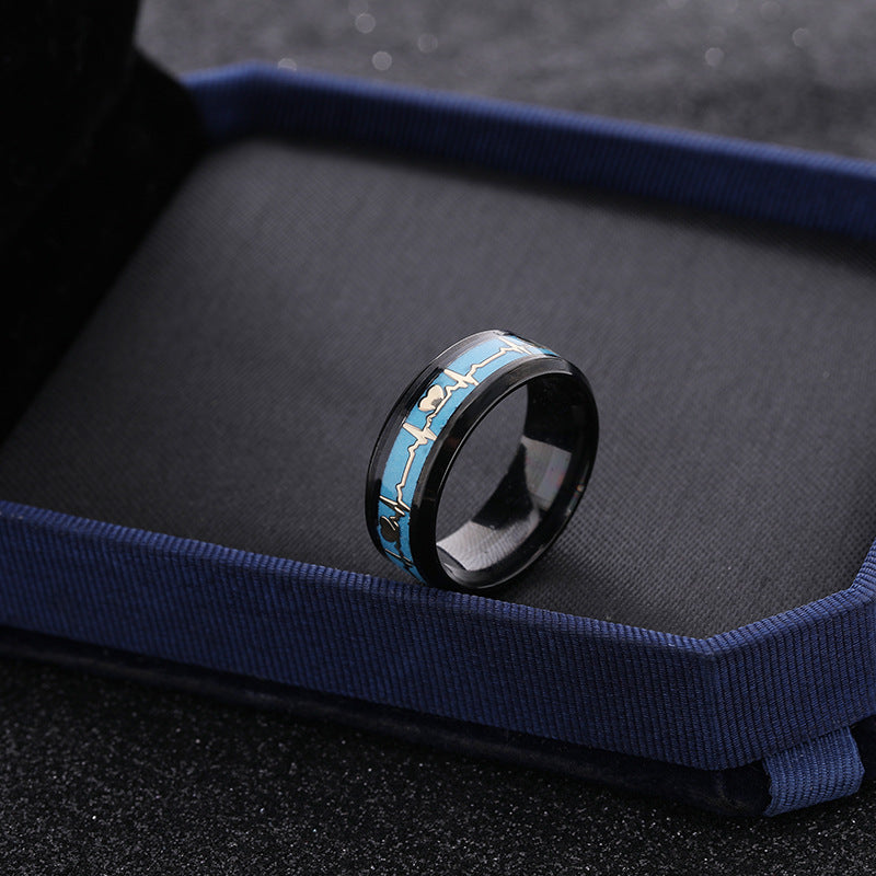 Dragon Scale Luminous ECG Couple Love Titanium Steel Ring Black Background Blue Infinite Avenue