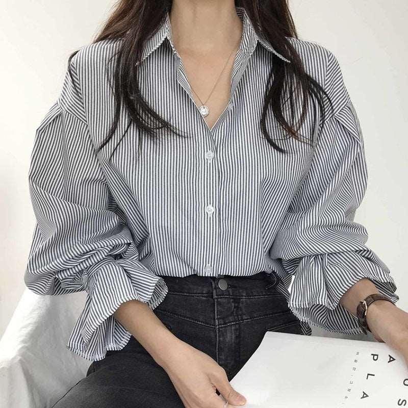 Lapel Contrast Puff Sleeve Shirt - Infinite Avenue