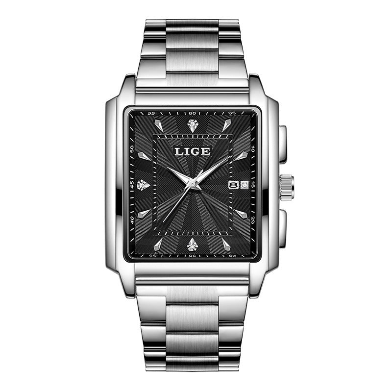 Men's Square Large Dial Steel Belt Simple Watch LG89121D Silver Black Infinite Avenue