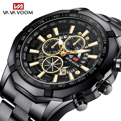 Steel Band Men's Three Eyes And Six Needles Luminous Calendar Waterproof Quartz Watch 2383JH Gold Black Chain Infinite Avenue