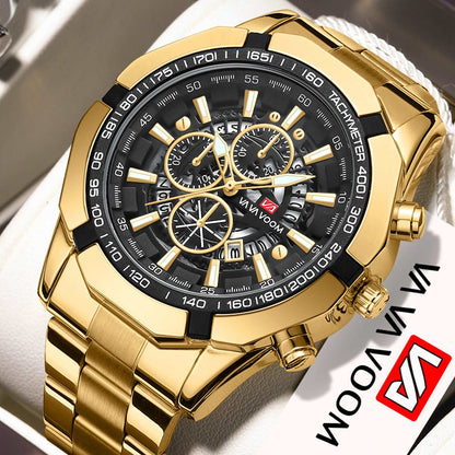 Steel Band Men's Three Eyes And Six Needles Luminous Calendar Waterproof Quartz Watch 2383J Gold Infinite Avenue