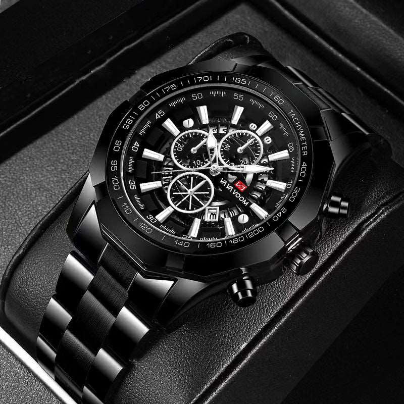 Steel Band Men's Three Eyes And Six Needles Luminous Calendar Waterproof Quartz Watch 2383YH Silver Black Chain Infinite Avenue