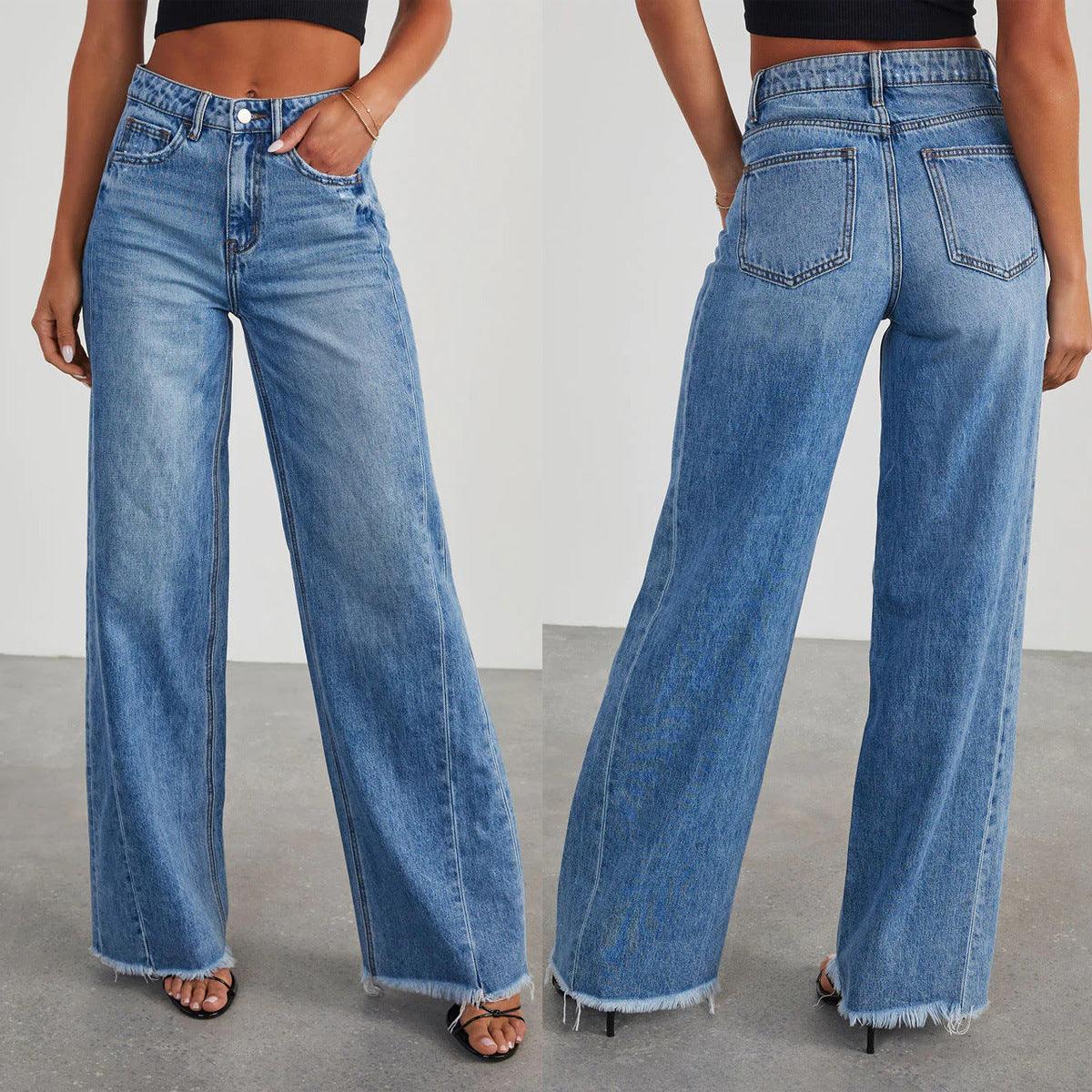 Women’s Loose Wide-leg Frayed Hem Jeans - Infinite Avenue