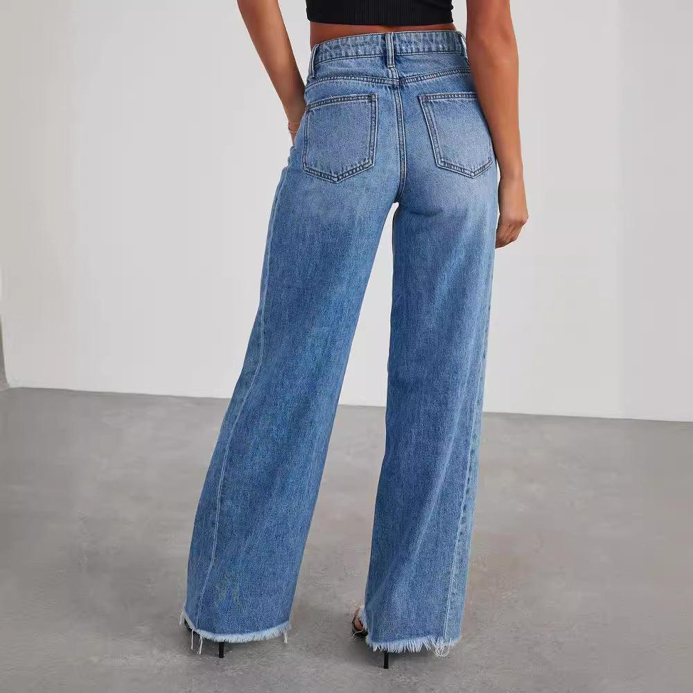 Women’s Loose Wide-leg Frayed Hem Jeans - Infinite Avenue