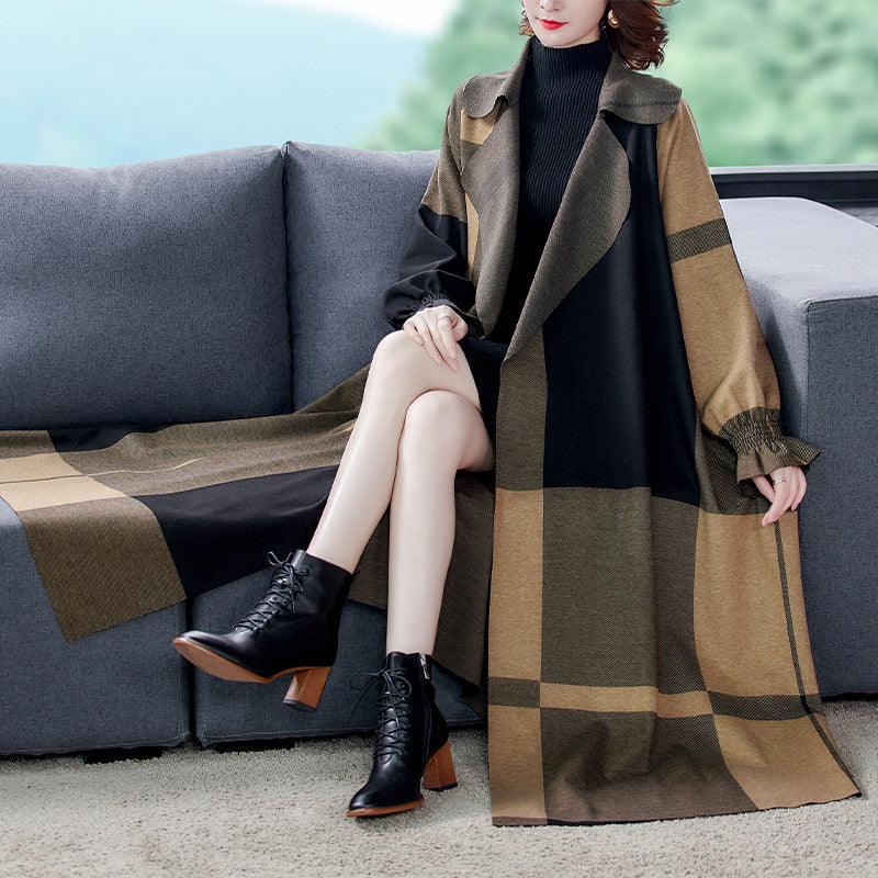 Women’s Elegant Plaid Woolen Trench Coat - Infinite Avenue