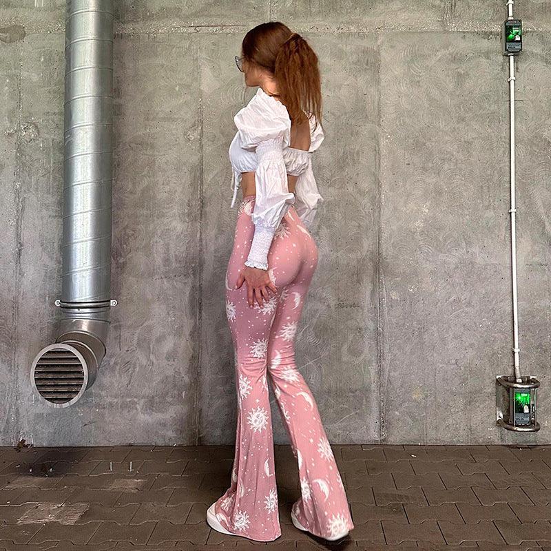 Starry Sun Pattern Printed High Waist Flared Pants - Infinite Avenue