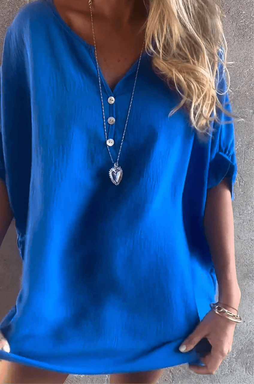 Solid Color Collarless Loose Casual Button Shirt Blue Infinite Avenue