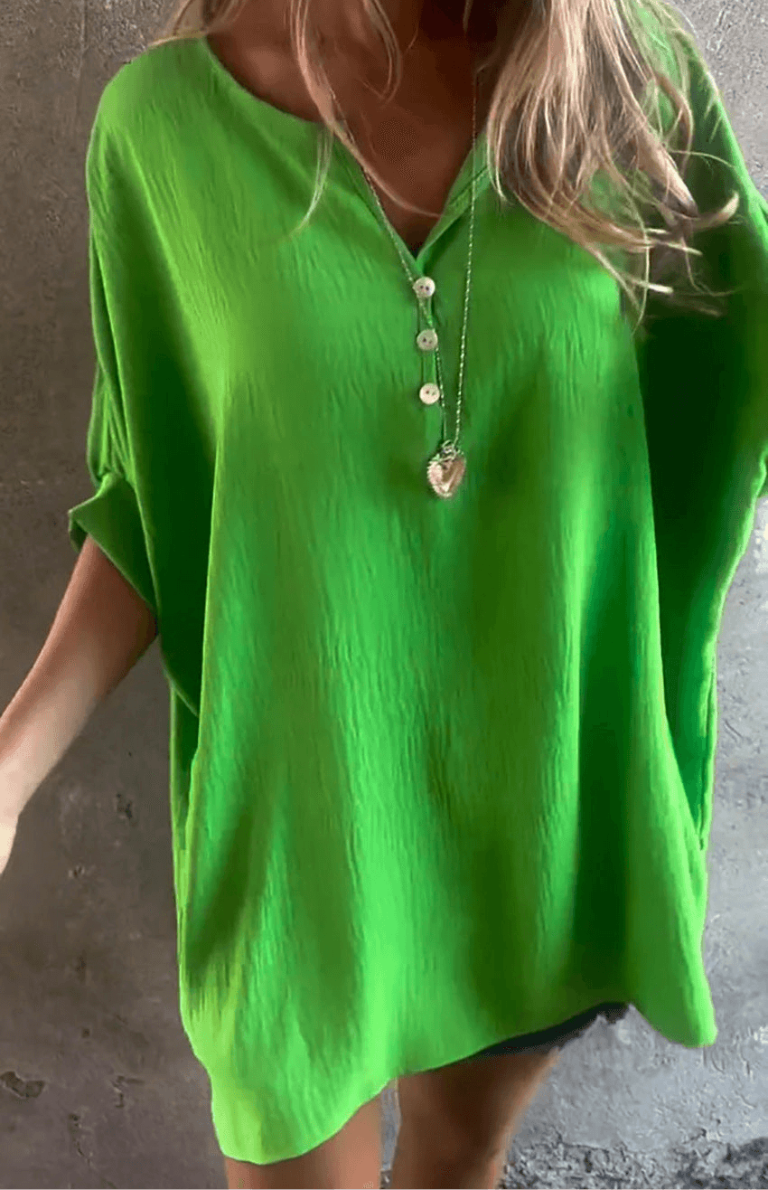 Solid Color Collarless Loose Casual Button Shirt Green Infinite Avenue