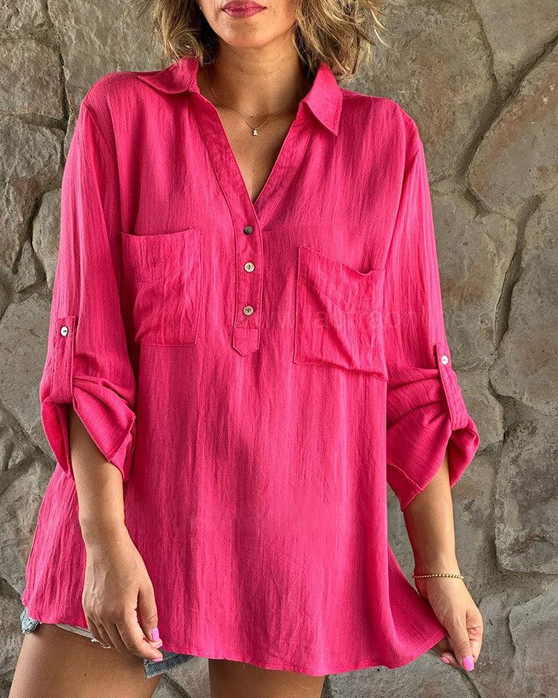 Solid Color Button Long Sleeve Casual Shirt Rose Red Infinite Avenue