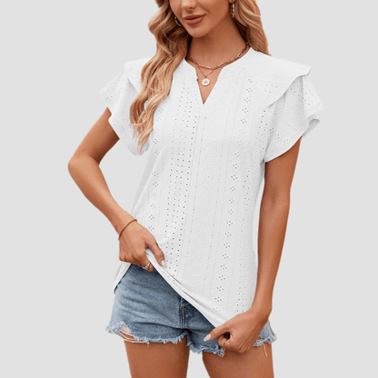 Solid Color Double-Layer Sleeve V-Neck Loose T-Shirt White Infinite Avenue