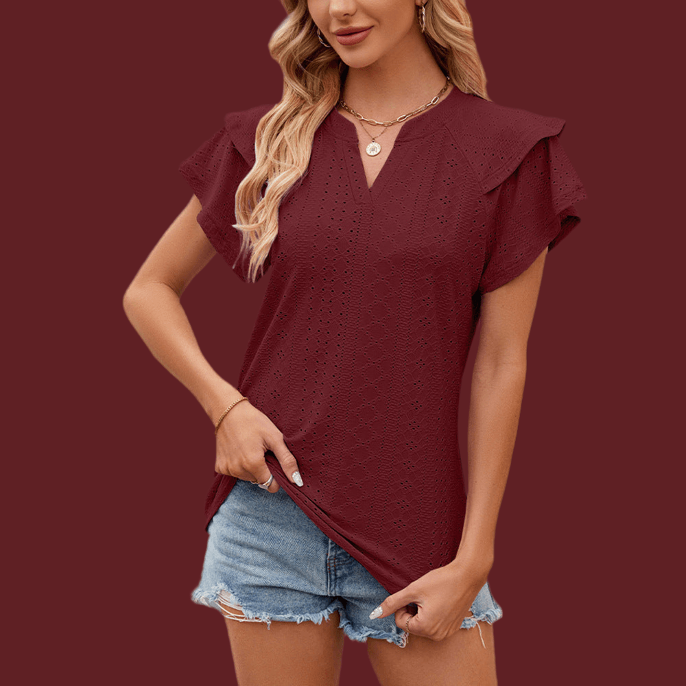 Solid Color Double-Layer Sleeve V-Neck Loose T-Shirt Wine Red Infinite Avenue