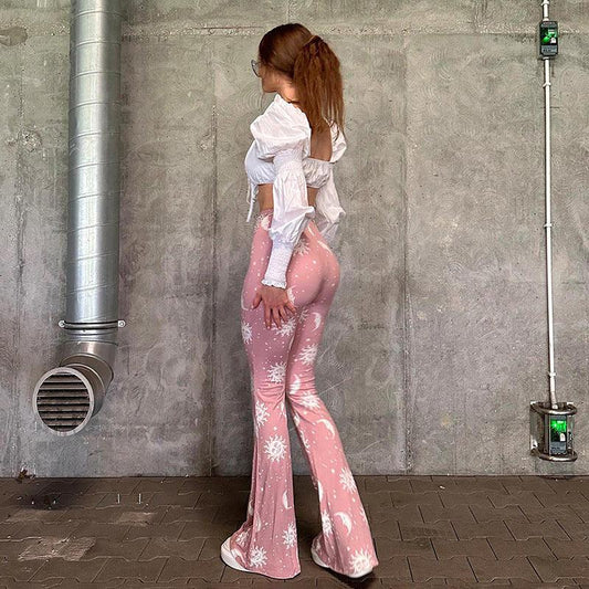 Starry Sun Pattern Printed High Waist Flared Pants Infinite Avenue