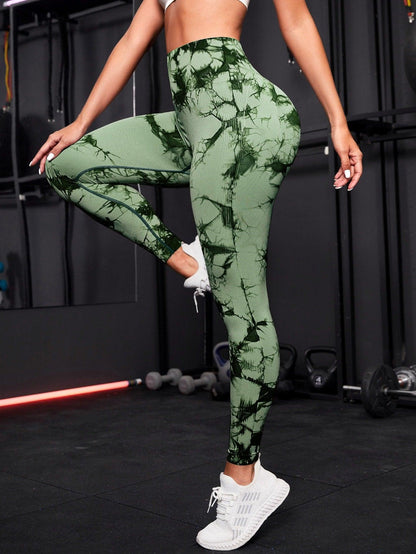 Tie Dyed High Waisted and Hip Lifting Fitness Pants Army Green Infinite Avenue