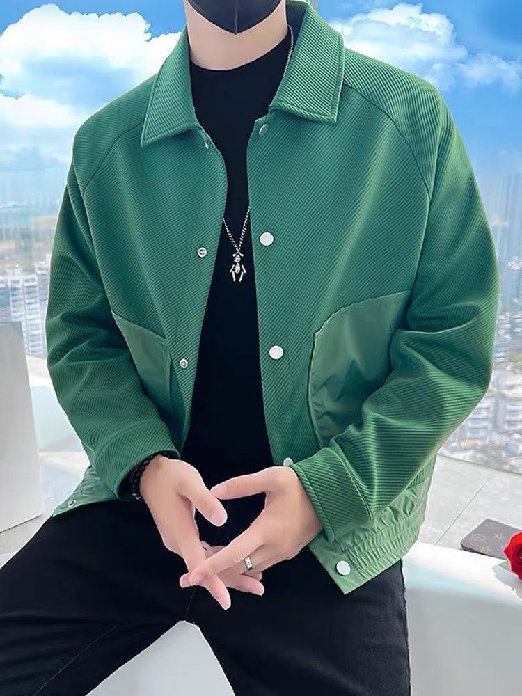 Twill Green Coat Lapel Pu Handsome Jacket - Infinite Avenue