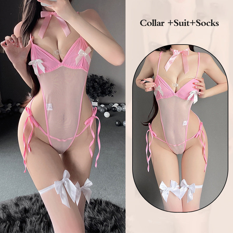 Women’s Lace Suspender Jumpsuit & Flirty Sheer Pink With socks Infinite Avenue