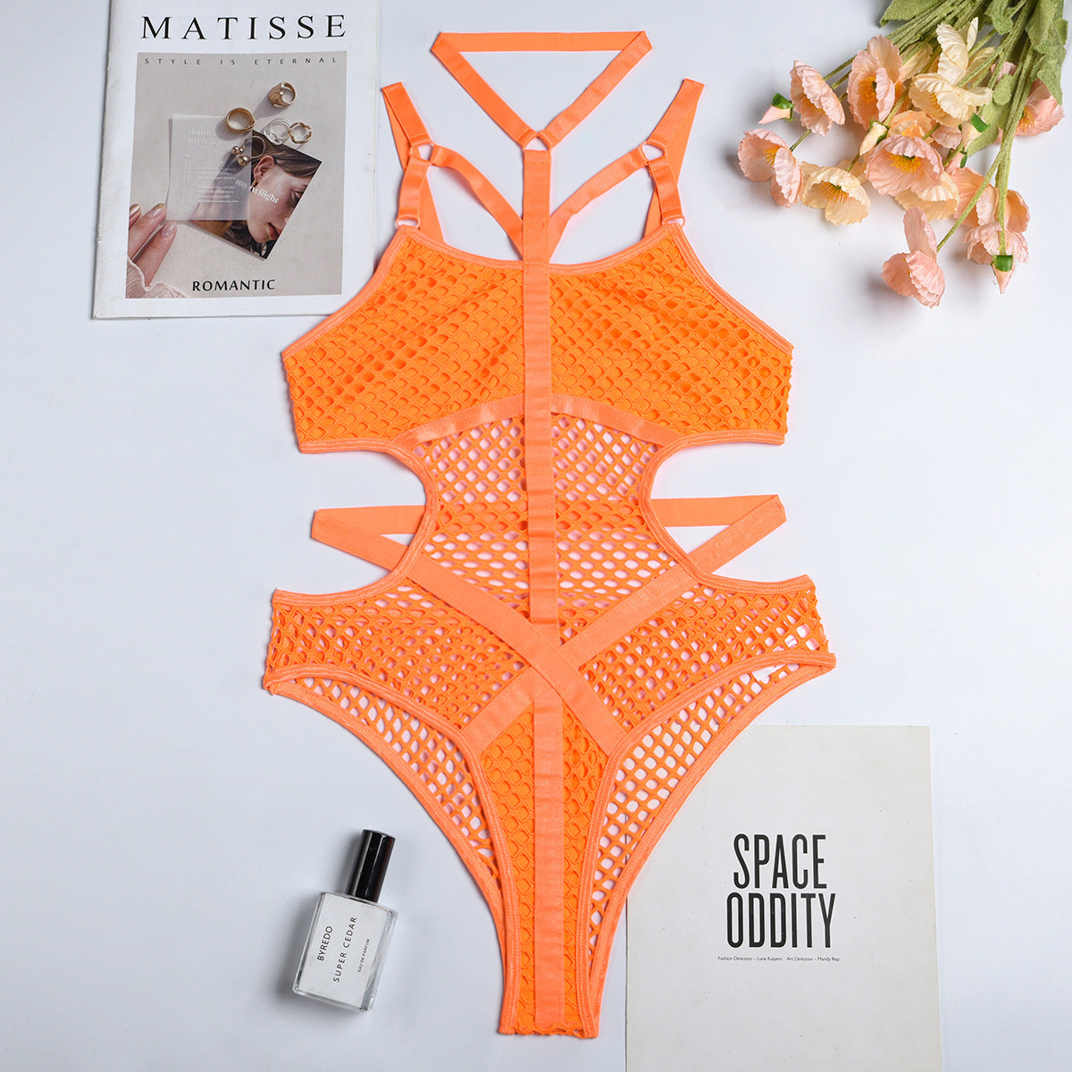 Woman Hanging Neck Sexy Underwear Bodysuit Orange Infinite Avenue