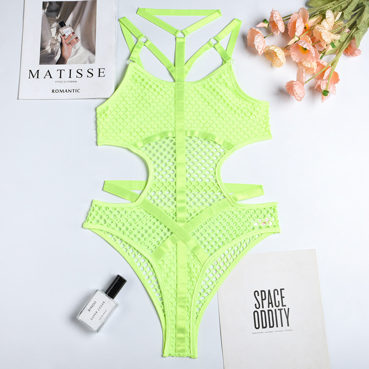 Woman Hanging Neck Sexy Underwear Bodysuit Fluorescent Green Infinite Avenue