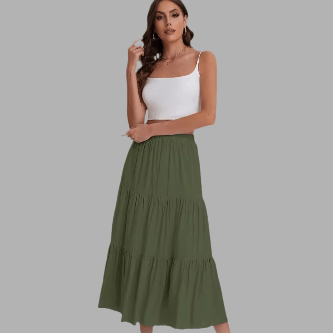 Women’s Elastic High Waist A-Line Skirt with Drawstring Green Infinite Avenue