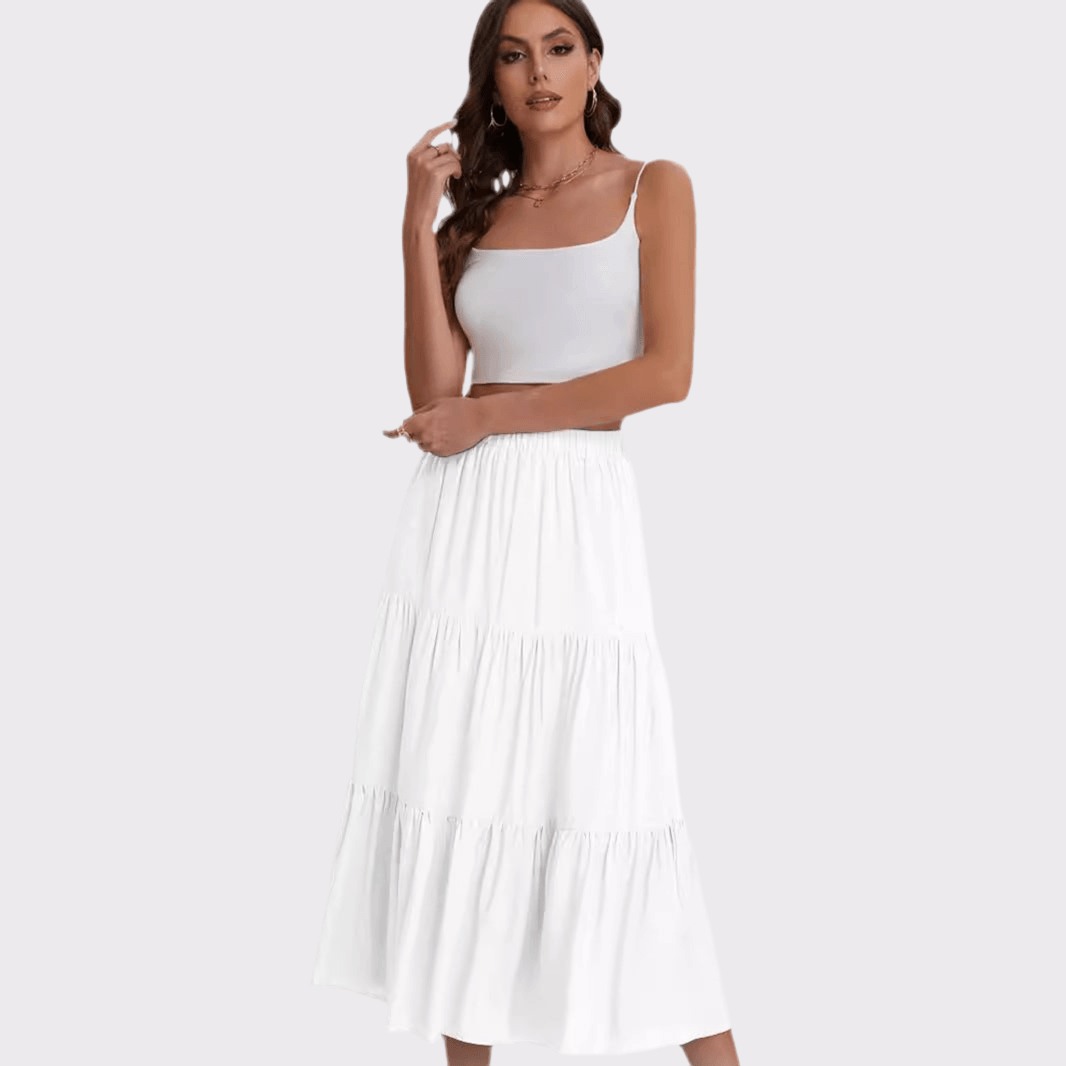 Women’s Elastic High Waist A-Line Skirt with Drawstring White Infinite Avenue