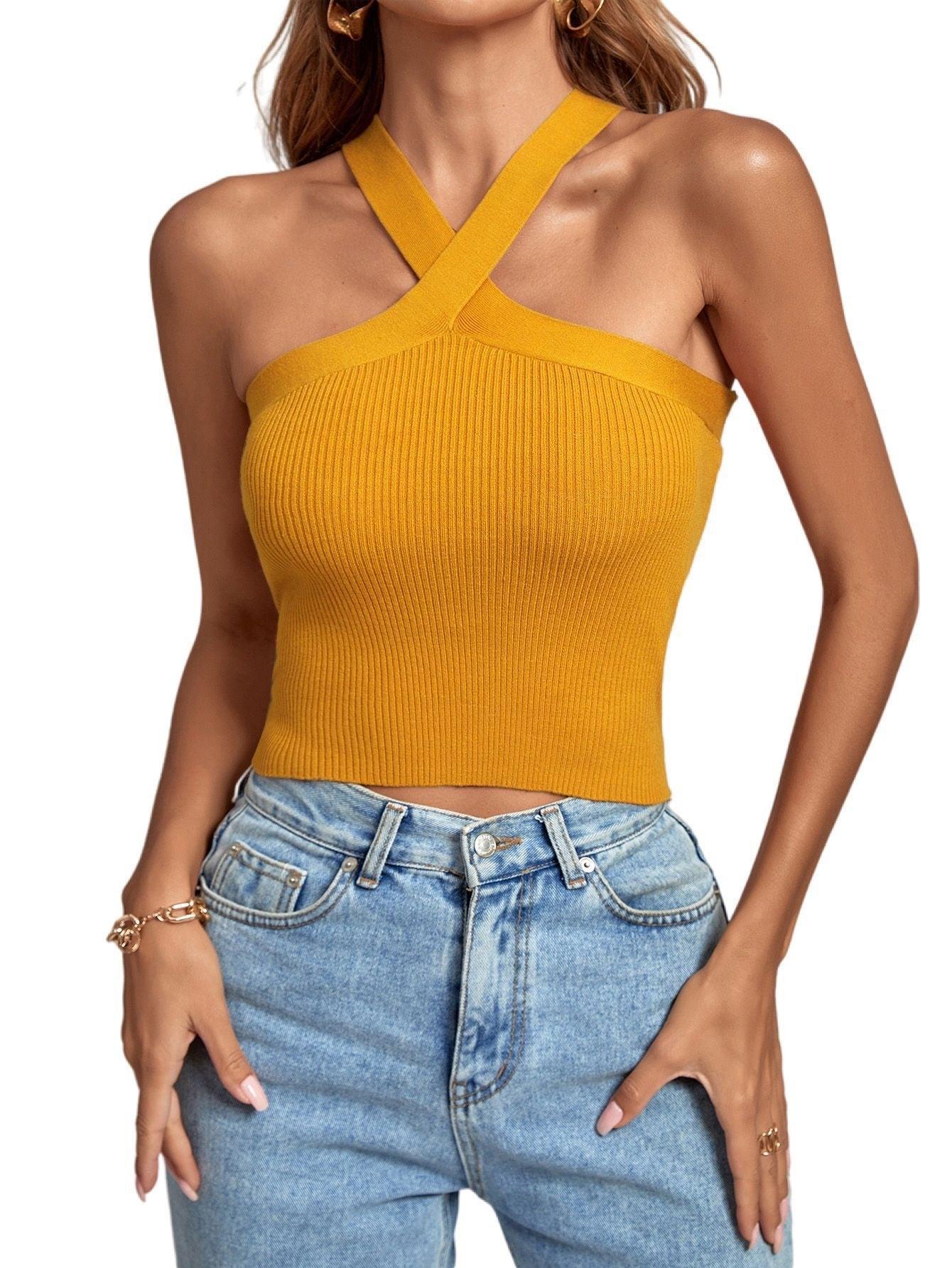 Women's Knitted Inner Match Bottoming Shirt Halter Neck Vest Ginger Yellow Infinite Avenue