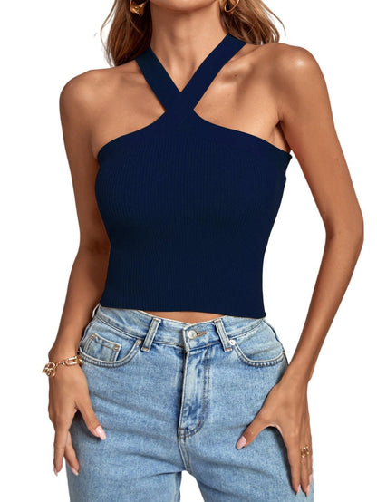 Women's Knitted Inner Match Bottoming Shirt Halter Neck Vest Navy Blue Infinite Avenue