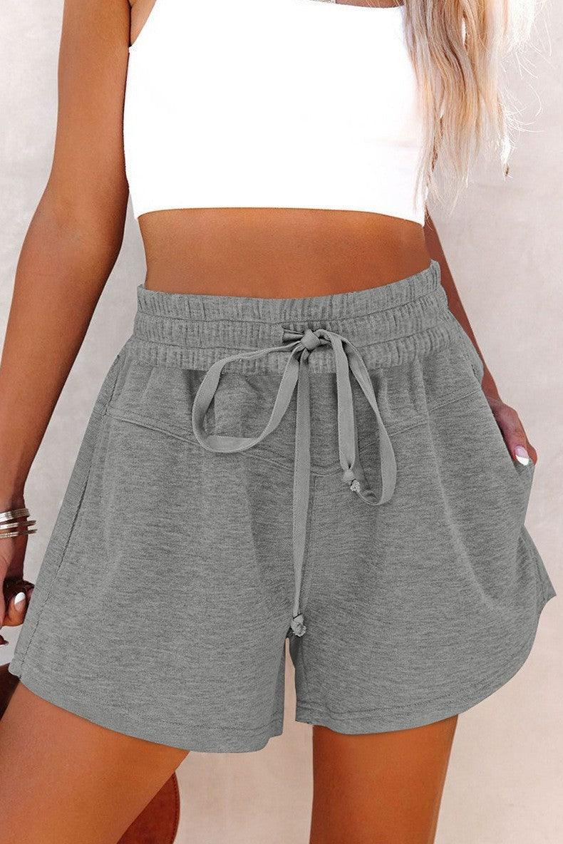 Women's Lace Up Casual Pocket Solid Color Shorts Light Gray Infinite Avenue