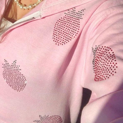 Women's Loose Strawberry Pattern Rhinestone Zipper Hoodie Coat Infinite Avenue