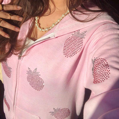 Women's Loose Strawberry Pattern Rhinestone Zipper Hoodie Coat Pink Infinite Avenue