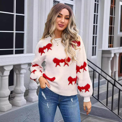 Women's Round-collar Long-sleeve Knitwear Bow Red Infinite Avenue