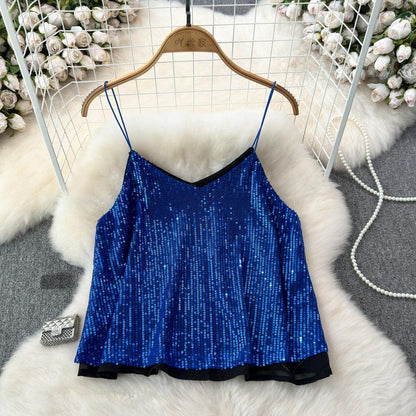 Women's Versatile Loose Sequin Camisole Vest Dark Blue Free Size Infinite Avenue