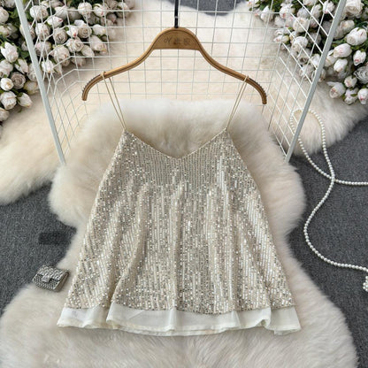 Women's Versatile Loose Sequin Camisole Vest Champagne Free Size Infinite Avenue