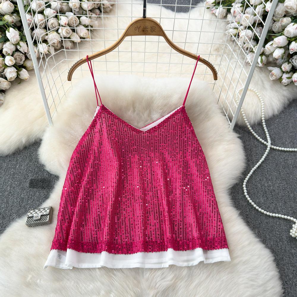 Women's Versatile Loose Sequin Camisole Vest Pink Free Size Infinite Avenue