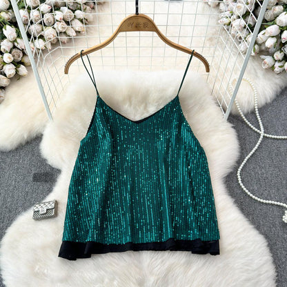 Women's Versatile Loose Sequin Camisole Vest Green Free Size Infinite Avenue