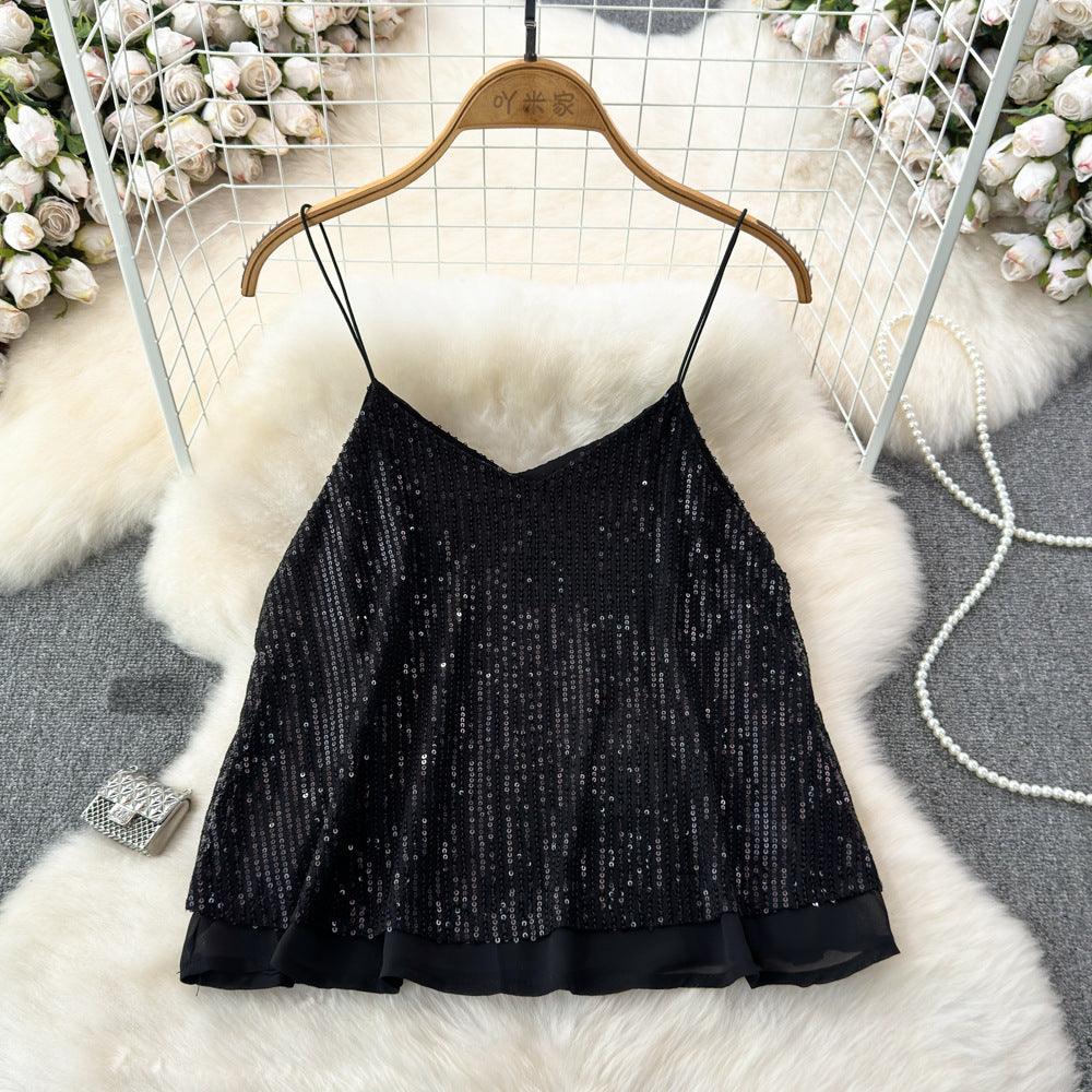 Women's Versatile Loose Sequin Camisole Vest Black Free Size Infinite Avenue