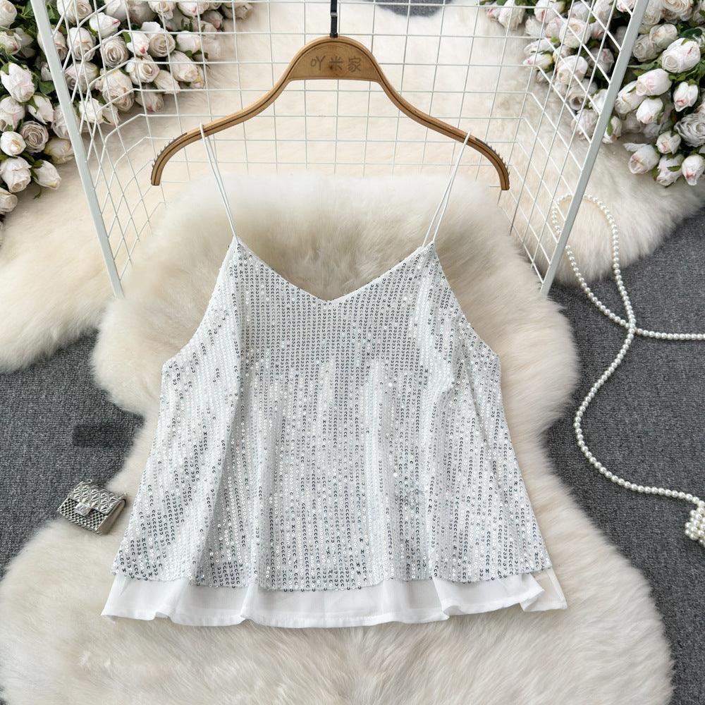 Women's Versatile Loose Sequin Camisole Vest Silver White Free Size Infinite Avenue