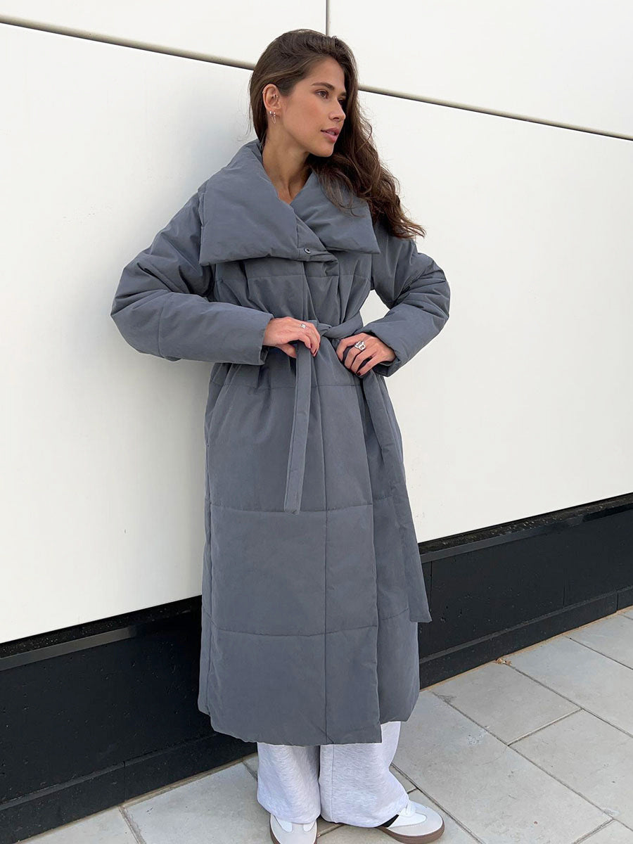 Women’s Long Lapel Coat – Warm Cotton Jacket with Pockets & Lace-up Dark Grey Infinite Avenue