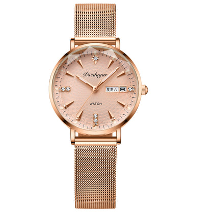 Women's Watch Double Calendar Quartz Gold Mesh Belt Infinite Avenue