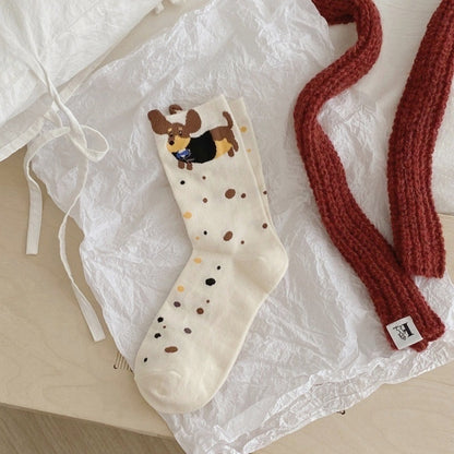 Puppy Embroidery Flanging Tube Socks – Winter Warmth & Style Stereo Dog Free Size Infinite Avenue