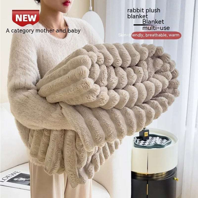 Soft Wind Bubble Velvet Blanket Warm Solid Rabbit Fur Blankets Double-sided Thickening Cover Throw Warm Fur Blanket Khaki Infinite Avenue