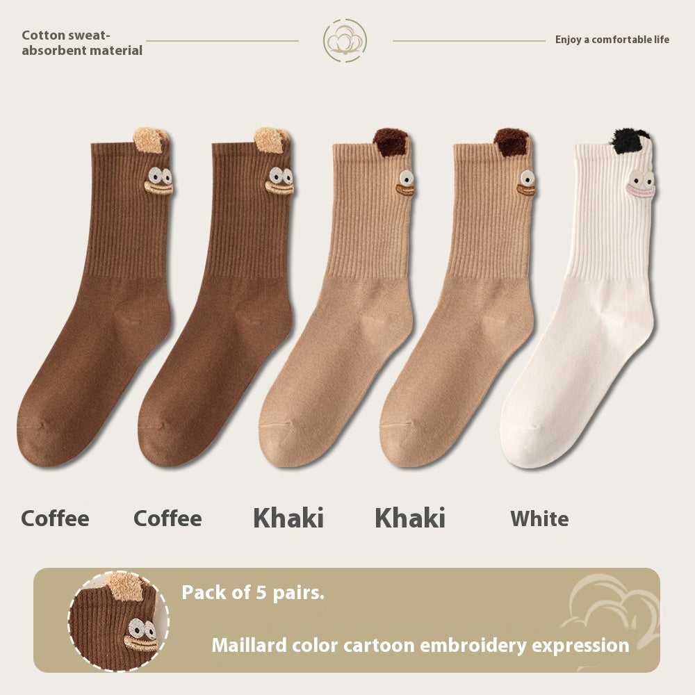 Women's Cartoon Mid-Tube Cotton Socks Coffee 2 Khaki 2 White 1 35 to 40 Free Size Infinite Avenue