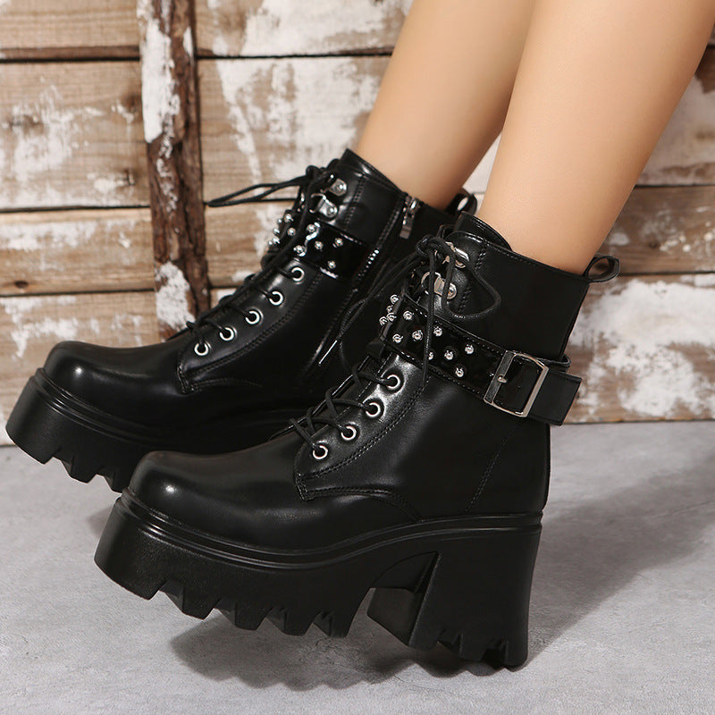 Fashion Round Toe Side Zipper Mid Heel Platform Leather Boots Infinite Avenue