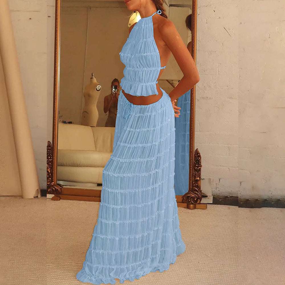 2pcs Women's Dress Suit Sexy Sleeveless Backless Cropped Halter Top And Pleated Long Skirt Beach Clothing Light Blue Infinite Avenue