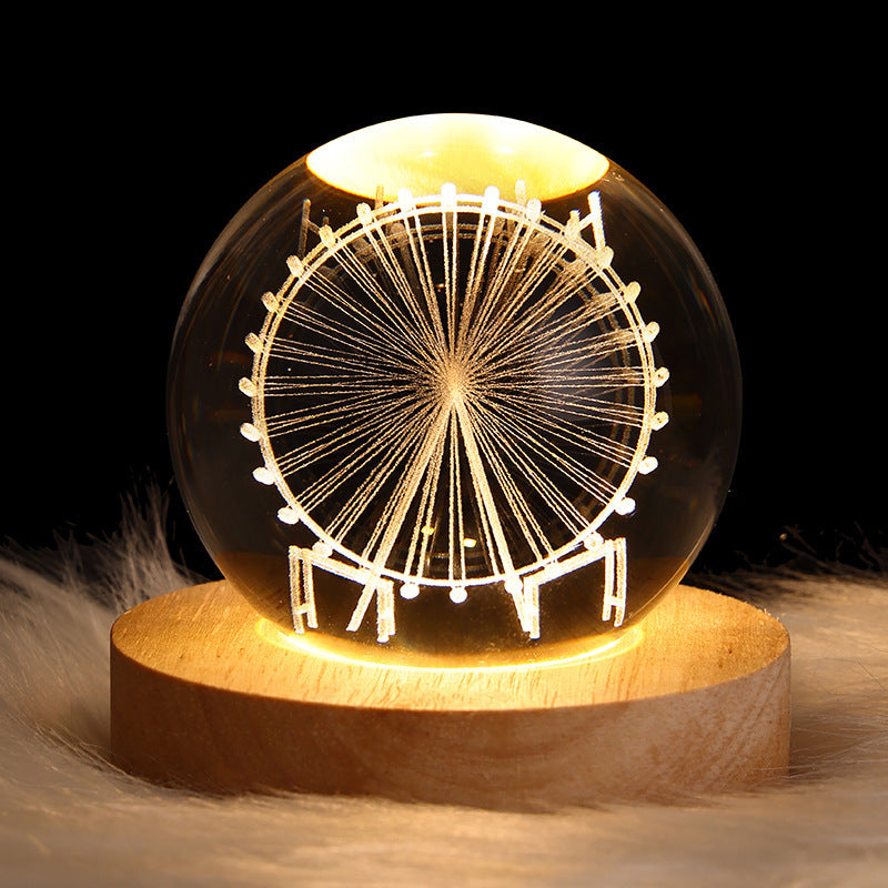 Luminous Starry Sky Crystal Ball – Moon Night Light & Gift Solid Wood Lamp Holder Ferris Wheel 6CM Infinite Avenue