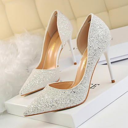 Skinny Women's Shoes Stiletto Heel Shallow Mouth Pointed Side Hollow-out Sequin White Infinite Avenue