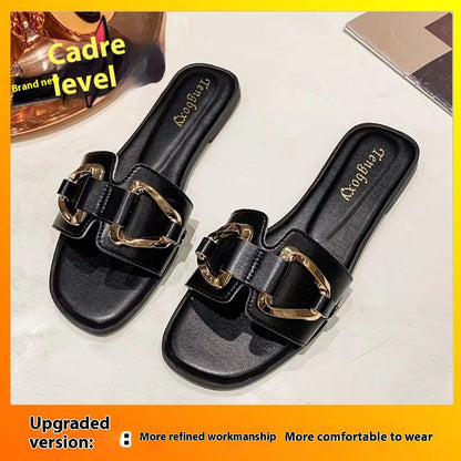 Flat Summer Slippers Women's Outer Wear Black Infinite Avenue