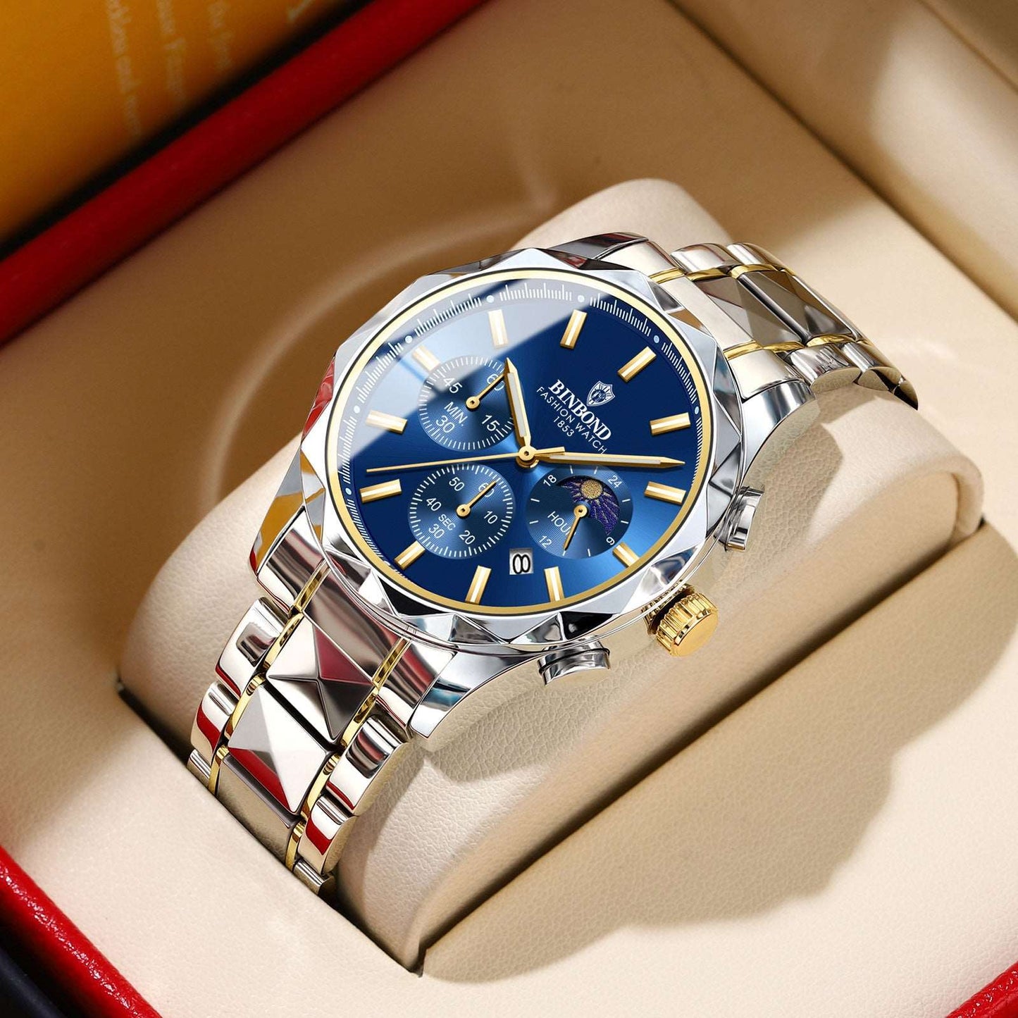 Multifunctional Butterfly Clasp Men's Watch Gold And Blue Surface Infinite Avenue