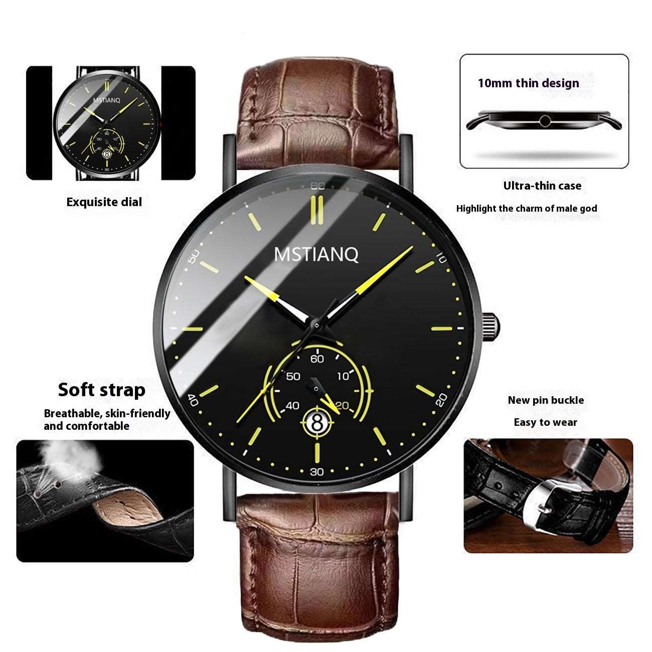 Trade Watch Stylish Black Technology Belt Refined Steel Korean Casual Calendar Brown Belt Yellow Plate Infinite Avenue