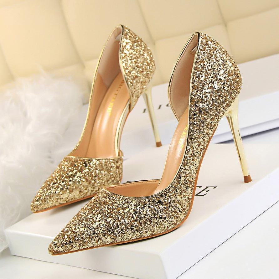 Skinny Women's Shoes Stiletto Heel Shallow Mouth Pointed Side Hollow-out Sequin Gold Infinite Avenue