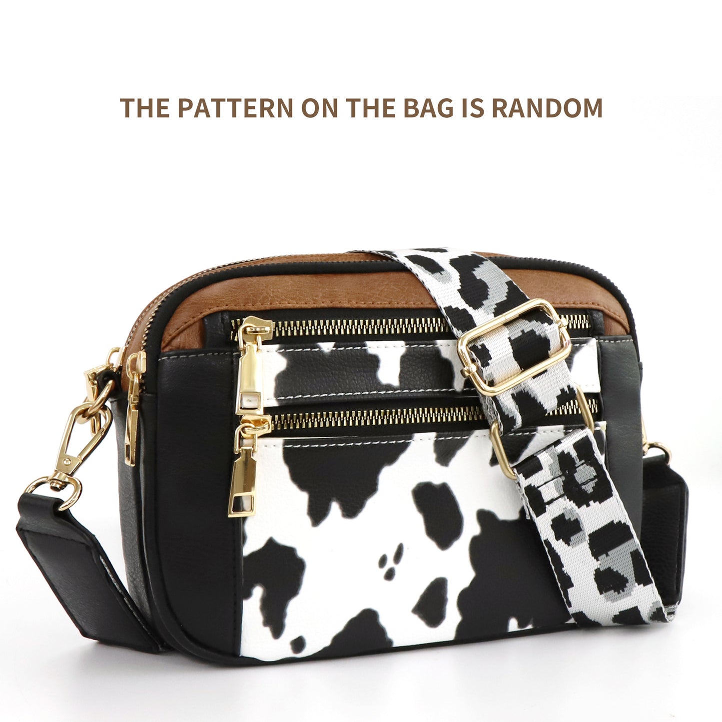 Cow Color Matching Multifunctional Zipper Crossbody Bag Double Zipper Cow Black Brown Infinite Avenue